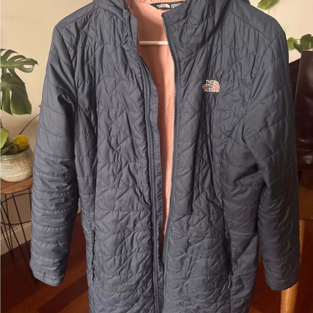 The North Face Navy Quilted Lightweight Hooded Jacket with Pink Lining